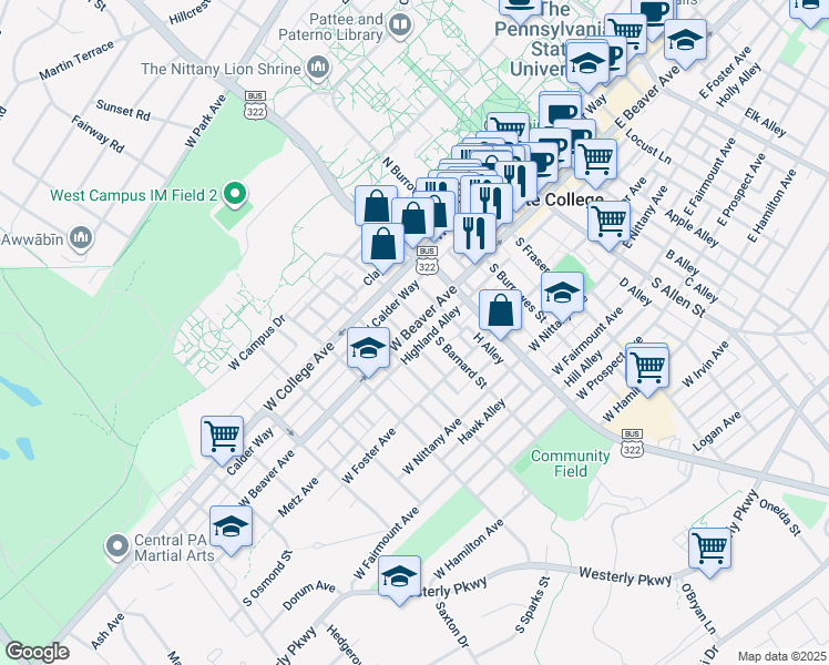 map of restaurants, bars, coffee shops, grocery stores, and more near 212 South Barnard Street in State College