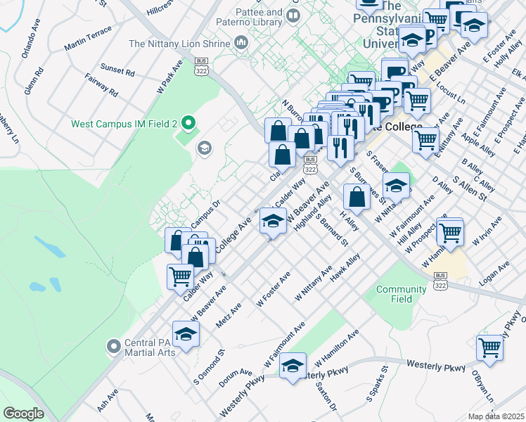 map of restaurants, bars, coffee shops, grocery stores, and more near 622 West College Avenue in State College