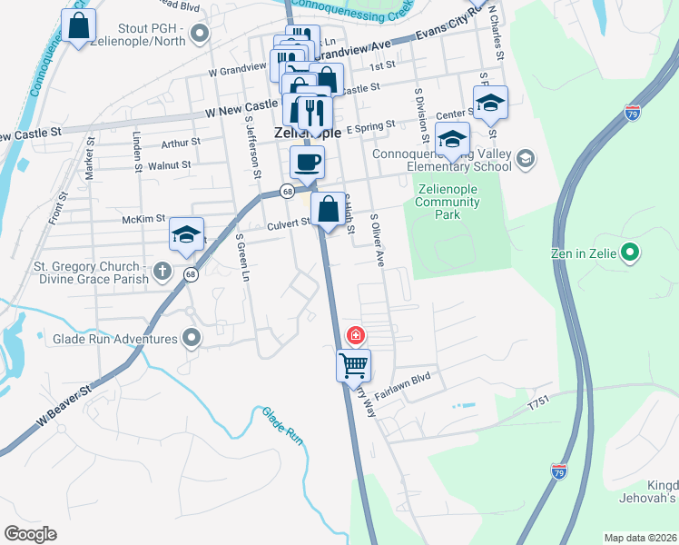 map of restaurants, bars, coffee shops, grocery stores, and more near 509 South Oliver Avenue in Zelienople