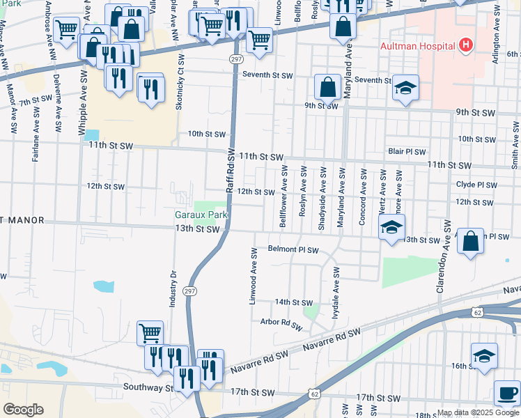 map of restaurants, bars, coffee shops, grocery stores, and more near 1225 Linwood Avenue Southwest in Canton
