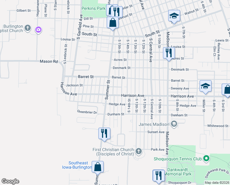 map of restaurants, bars, coffee shops, grocery stores, and more near 1823 South 15th Street in Burlington
