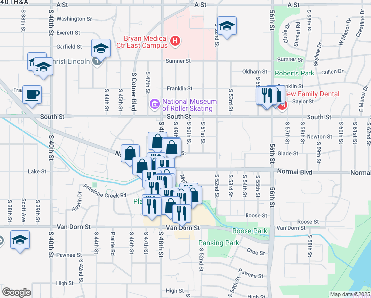 map of restaurants, bars, coffee shops, grocery stores, and more near 2239 South 50th Street in Lincoln