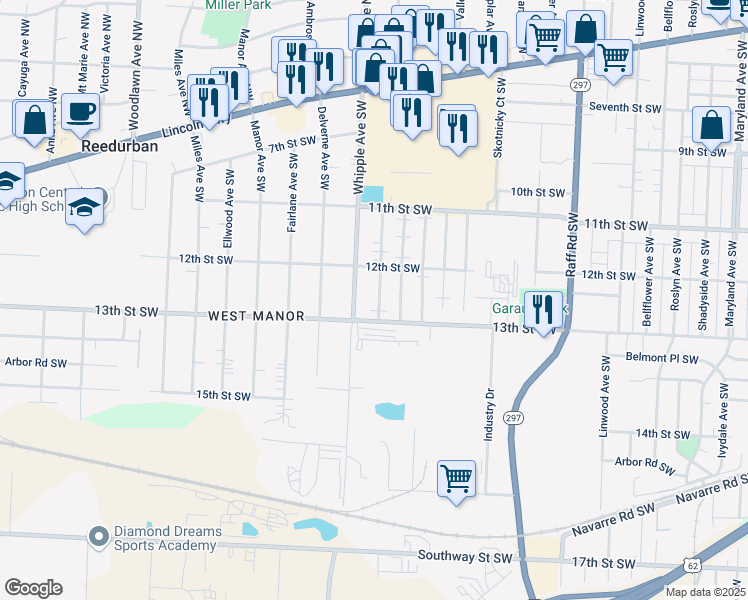 map of restaurants, bars, coffee shops, grocery stores, and more near 1239 Hawthorne Avenue Southwest in Canton