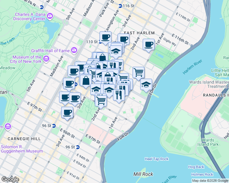 map of restaurants, bars, coffee shops, grocery stores, and more near 308 East 105th Street in New York