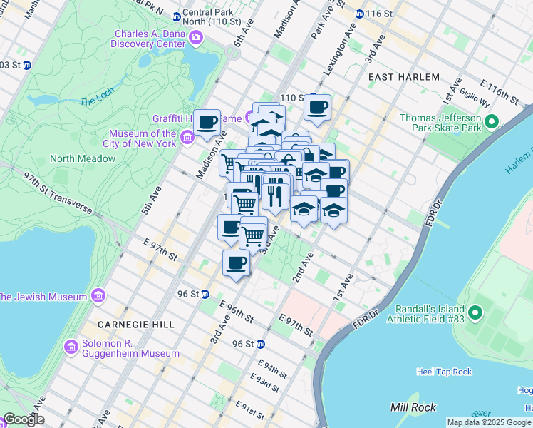 map of restaurants, bars, coffee shops, grocery stores, and more near 171 East 102nd Street in New York