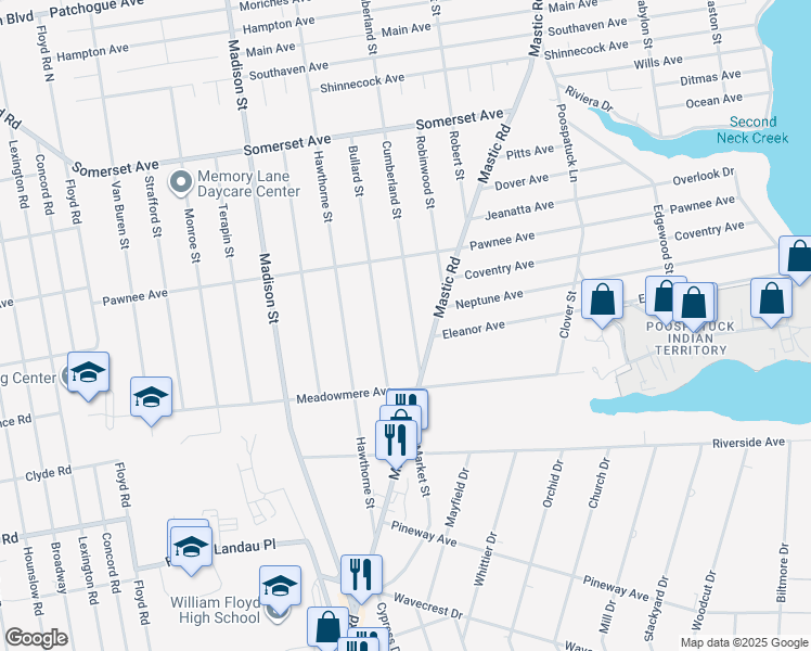 map of restaurants, bars, coffee shops, grocery stores, and more near 206 Cumberland Street in Mastic