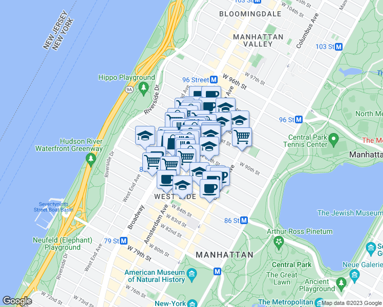 map of restaurants, bars, coffee shops, grocery stores, and more near 592 Amsterdam Avenue in New York