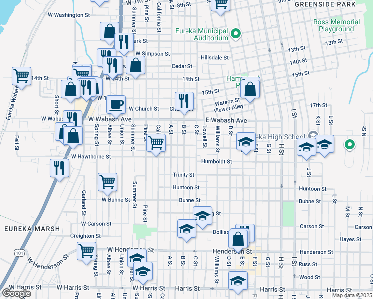map of restaurants, bars, coffee shops, grocery stores, and more near 2015 B Street in Eureka