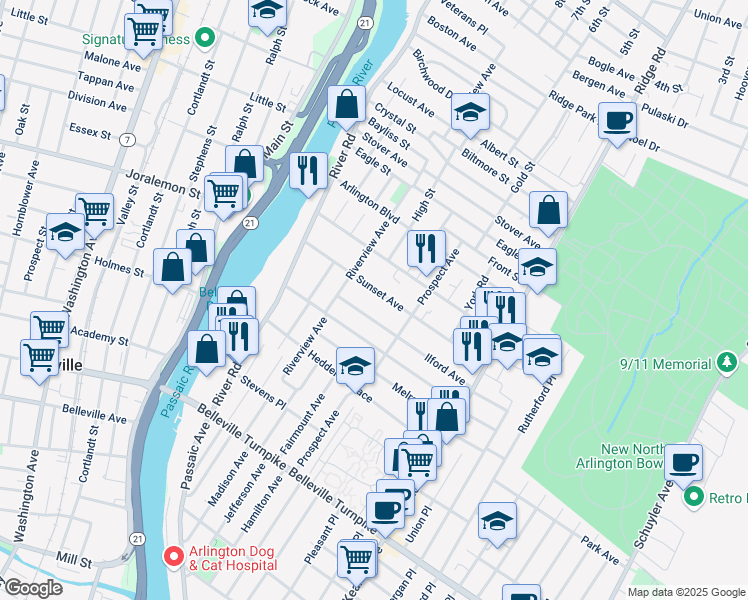 map of restaurants, bars, coffee shops, grocery stores, and more near 117 Sunset Avenue in North Arlington