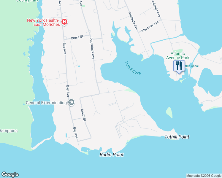 map of restaurants, bars, coffee shops, grocery stores, and more near 15 Tuthill Point Road in East Moriches
