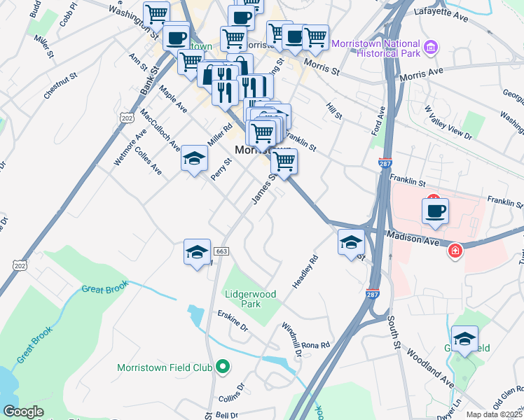 map of restaurants, bars, coffee shops, grocery stores, and more near 16 Crestwood Road in Morristown