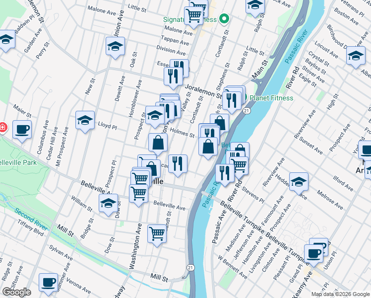 map of restaurants, bars, coffee shops, grocery stores, and more near 248 Cortlandt Street in Belleville
