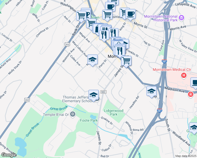 map of restaurants, bars, coffee shops, grocery stores, and more near 67 Madison Street in Morristown