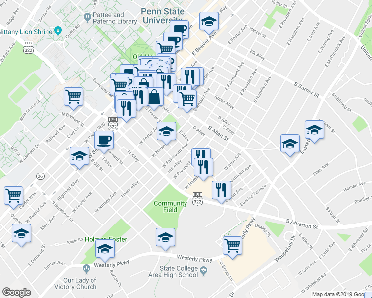 map of restaurants, bars, coffee shops, grocery stores, and more near 520 South Fraser Street in State College