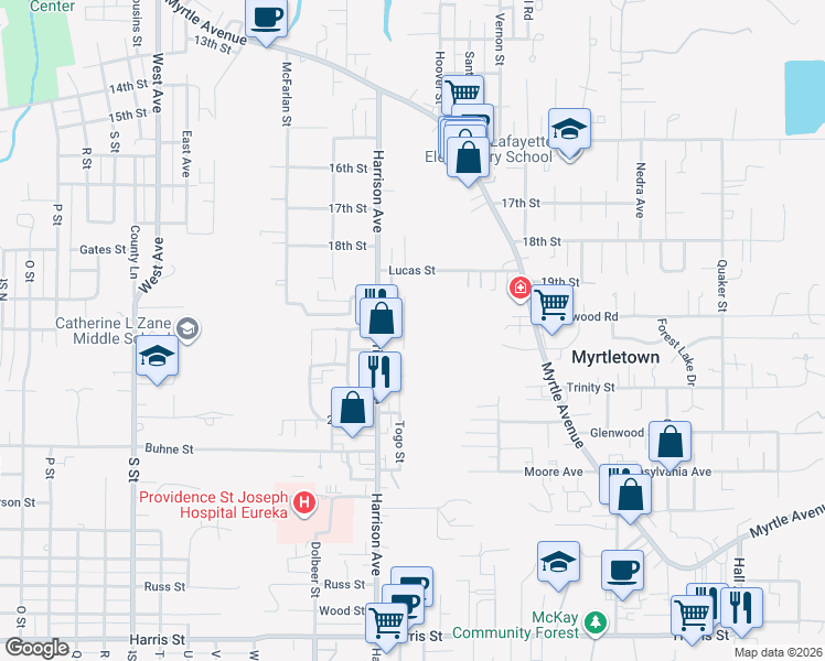 map of restaurants, bars, coffee shops, grocery stores, and more near 1999 Hill Avenue in Eureka