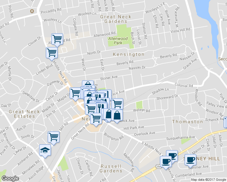 map of restaurants, bars, coffee shops, grocery stores, and more near 21 Canterbury Road in Great Neck