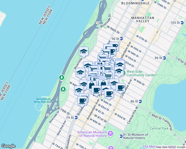 map of restaurants, bars, coffee shops, grocery stores, and more near 269 West 87th Street in New York