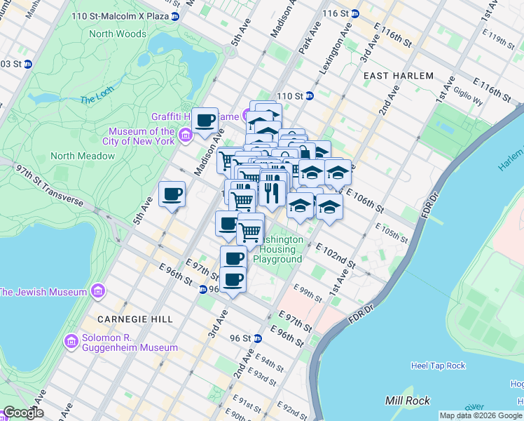 map of restaurants, bars, coffee shops, grocery stores, and more near 169 East 102nd Street in New York