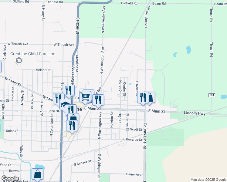map of restaurants, bars, coffee shops, grocery stores, and more near 561 East North Street in Crestline