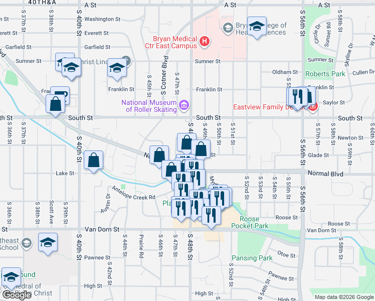 map of restaurants, bars, coffee shops, grocery stores, and more near 2241 South 48th Street in Lincoln