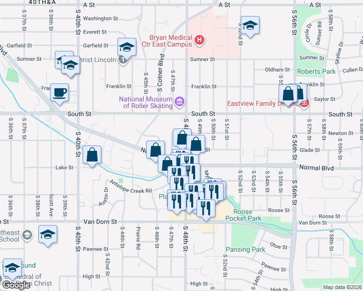 map of restaurants, bars, coffee shops, grocery stores, and more near 2241 South 48th Street in Lincoln