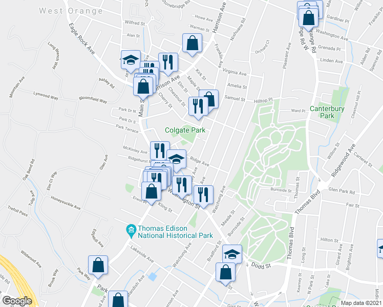 map of restaurants, bars, coffee shops, grocery stores, and more near 146 Franklin Avenue in West Orange