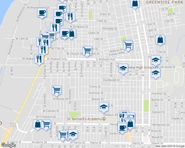 map of restaurants, bars, coffee shops, grocery stores, and more near 2016 B Street in Eureka