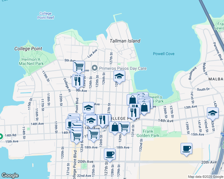 map of restaurants, bars, coffee shops, grocery stores, and more near 7-39 127th Street in Queens