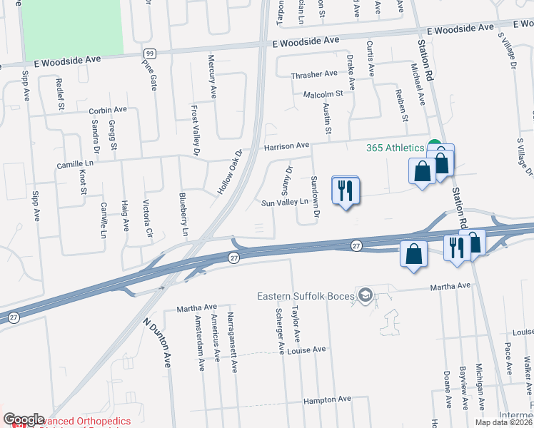 map of restaurants, bars, coffee shops, grocery stores, and more near 36 Sunbonnet Lane in Bellport