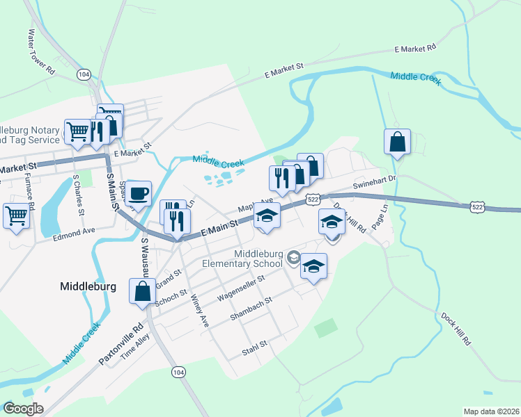 map of restaurants, bars, coffee shops, grocery stores, and more near 524 Maple Avenue in Middleburg
