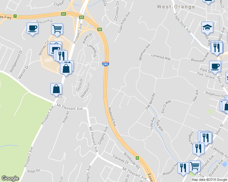 map of restaurants, bars, coffee shops, grocery stores, and more near 79 Mountain Avenue in West Orange