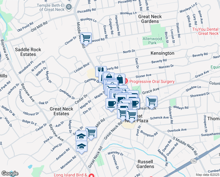 map of restaurants, bars, coffee shops, grocery stores, and more near 79 Middle Neck Road in Great Neck Plaza