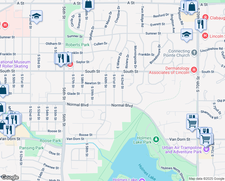map of restaurants, bars, coffee shops, grocery stores, and more near 2309 South 61st Street in Lincoln