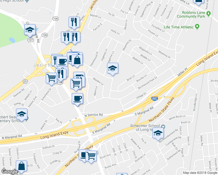 map of restaurants, bars, coffee shops, grocery stores, and more near 23 Maytime Drive in Jericho