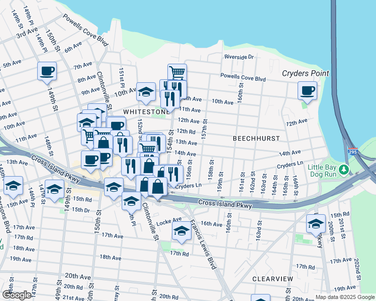 map of restaurants, bars, coffee shops, grocery stores, and more near 155-15 14th Avenue in Queens