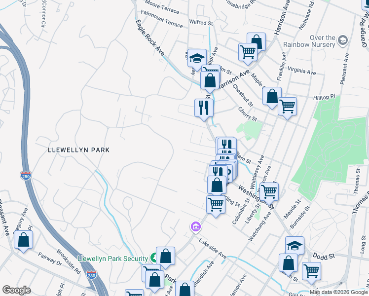 map of restaurants, bars, coffee shops, grocery stores, and more near 50 Ridgehurst Road in West Orange