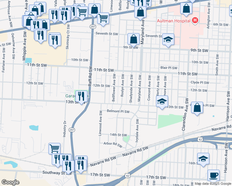 map of restaurants, bars, coffee shops, grocery stores, and more near 1222 Bellflower Avenue Southwest in Canton