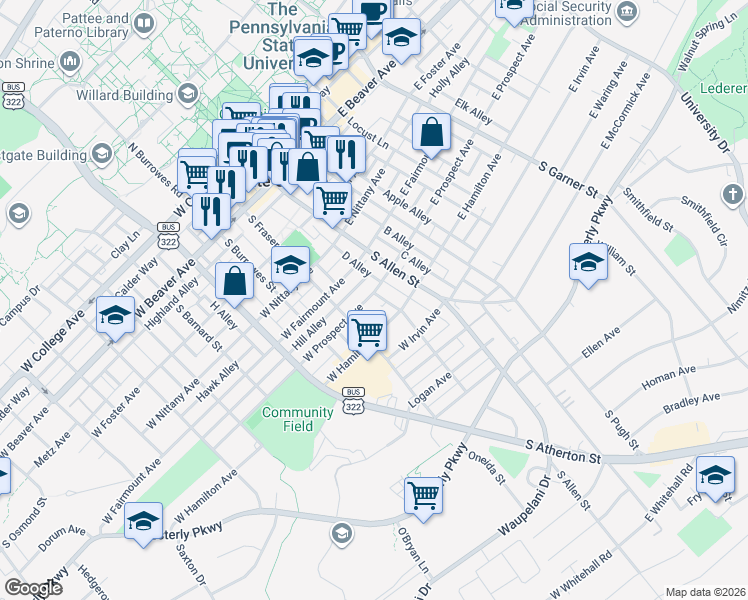 map of restaurants, bars, coffee shops, grocery stores, and more near 138 Walnut Street in State College