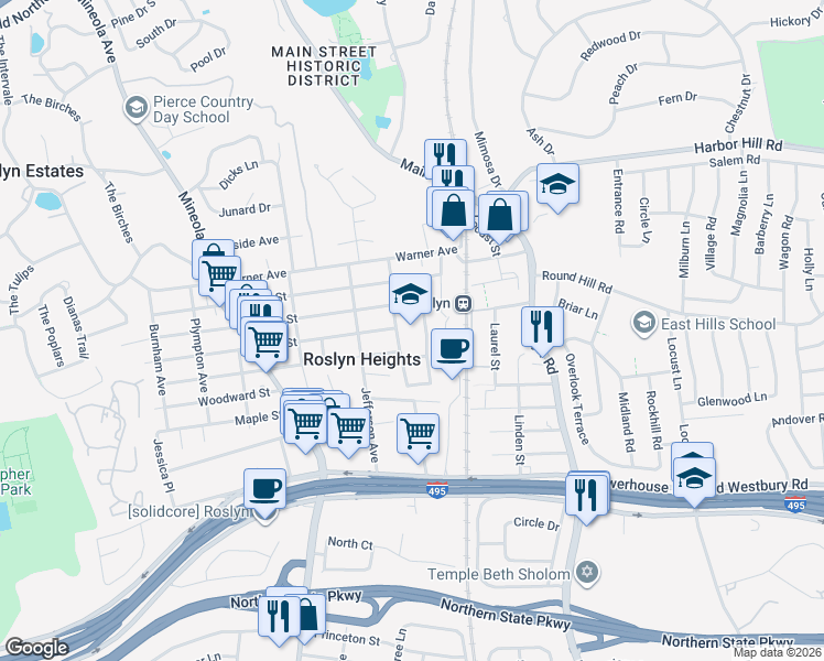map of restaurants, bars, coffee shops, grocery stores, and more near 240 Willow Street in Roslyn Heights