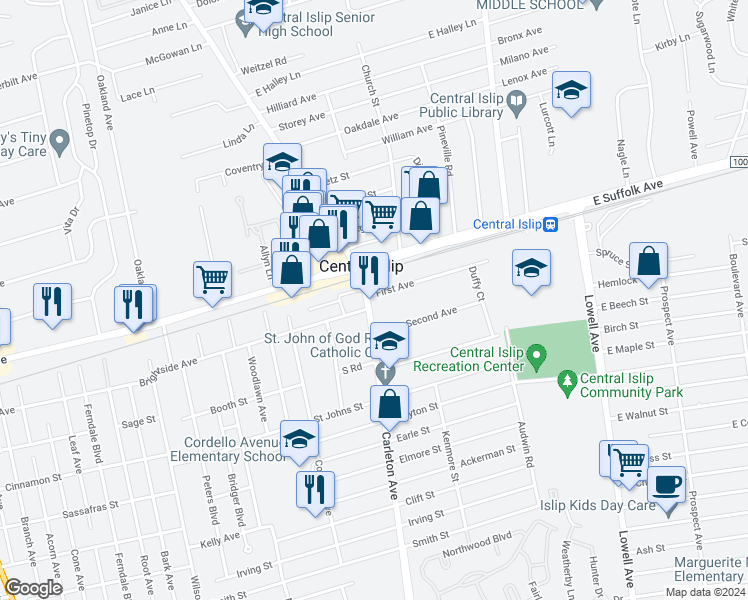 map of restaurants, bars, coffee shops, grocery stores, and more near 20 Carleton Avenue in Central Islip