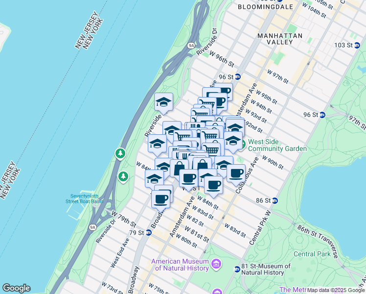 map of restaurants, bars, coffee shops, grocery stores, and more near 269 West 87th Street in New York