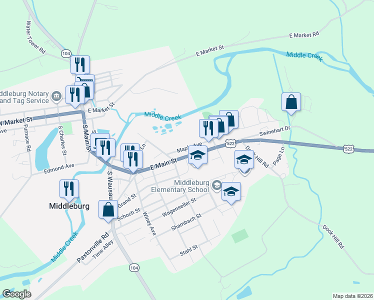 map of restaurants, bars, coffee shops, grocery stores, and more near 524 Maple Avenue in Middleburg