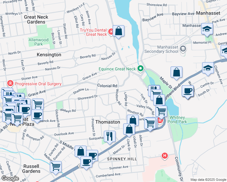 map of restaurants, bars, coffee shops, grocery stores, and more near 229 Shoreward Drive in Great Neck