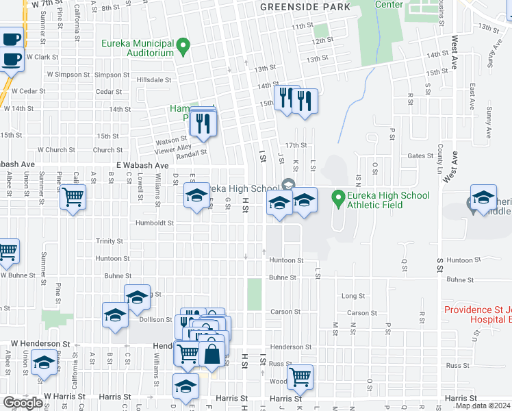 map of restaurants, bars, coffee shops, grocery stores, and more near Sonoma Street in Eureka
