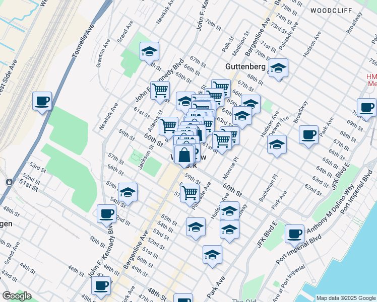 map of restaurants, bars, coffee shops, grocery stores, and more near 6019 Bergenline Avenue in West New York