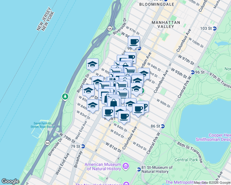 map of restaurants, bars, coffee shops, grocery stores, and more near Broadway & W 88th St in New York