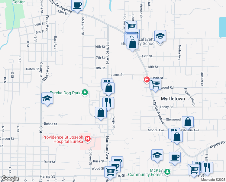map of restaurants, bars, coffee shops, grocery stores, and more near 1999 Hill Avenue in Eureka