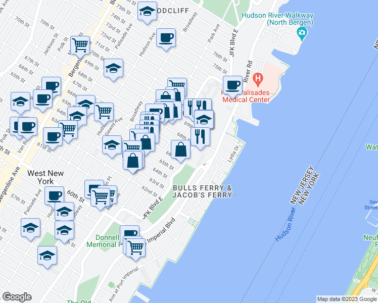 map of restaurants, bars, coffee shops, grocery stores, and more near 6051 Boulevard East in West New York