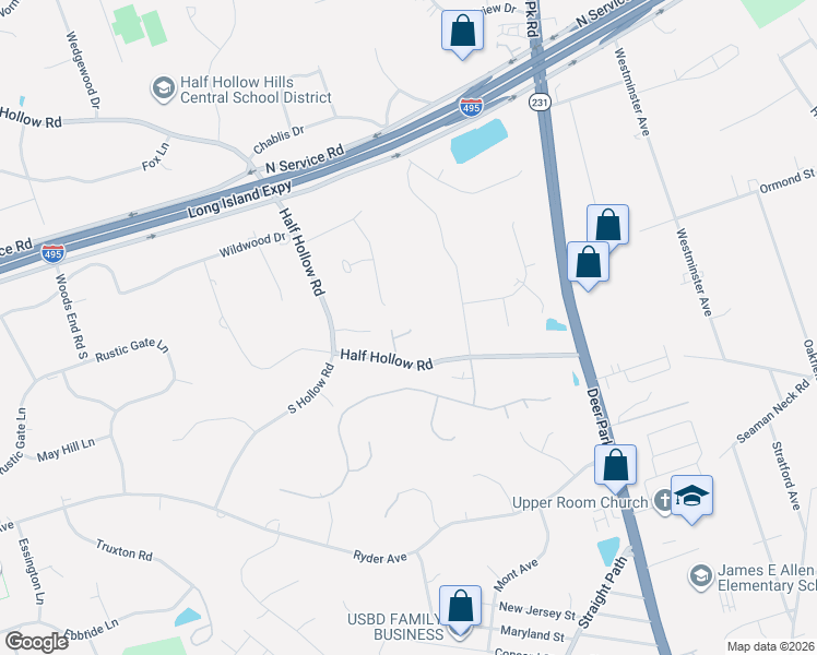 map of restaurants, bars, coffee shops, grocery stores, and more near 635 Half Hollow Road in Dix Hills