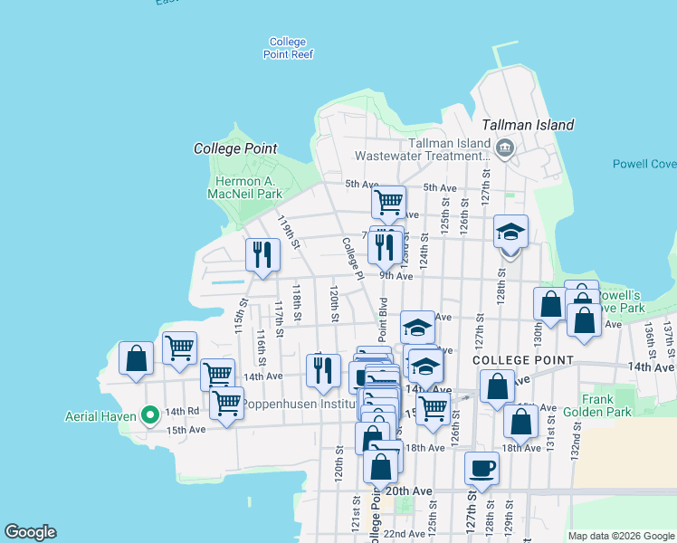 map of restaurants, bars, coffee shops, grocery stores, and more near 120-03 9th Avenue in Queens